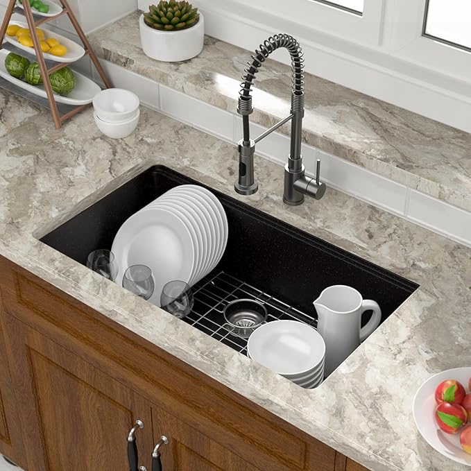 Mocoloo 33 Inch Black Granite Composite Kitchen Sink - 33x19 Undermount Ledge Workstation, Matte Black Quartz Single Bowl Under Counter Kitchen Sinks