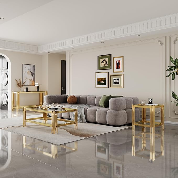 Henf Modern Glass Coffee Table Set with Storage Shlef 4 Piece Gold Living Room Tables Set Including Coffee Sofa End Tables Set,Stainless Steel Frame,Tempered Glass Top for Living Room Home Office