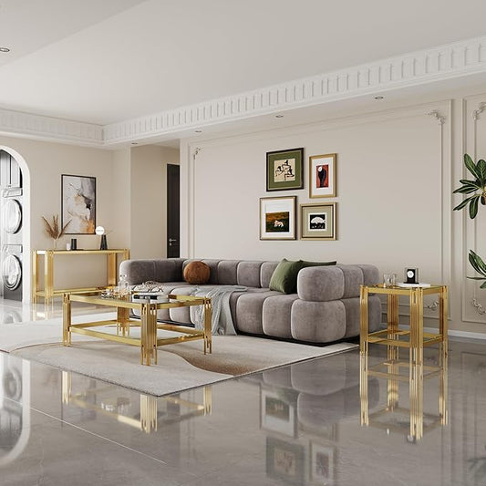 Henf Modern Glass Coffee Table Set with Storage Shlef 3 Piece Gold Living Room Tables Set Including Coffee End Tables Set,Stainless Steel Frame, Tempered Glass Top for Living Room Home Office