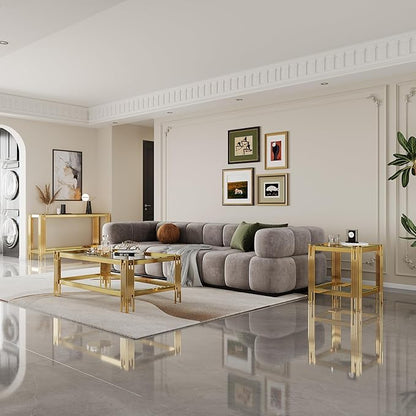Henf Modern Glass Coffee Table Set with Storage Shlef 3 Piece Gold Living Room Tables Set Including Coffee Sofa End Tables Set,Stainless Steel Frame, Tempered Glass Top for Living Room Home Office