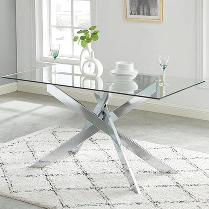 Edwin's Choice 58.5” Rectangle Glass Dining Table, Tempered Glass Tabletop and Metal Tubular Legs, Modern Style Table for Home, Kitchen, Dining Room 58.5”Lx29”Wx30”H, Silver (Table Only)