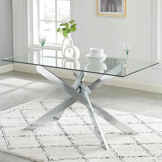 Edwin's Choice 58.5” Rectangle Glass Dining Table, Tempered Glass Tabletop and Metal Tubular Legs, Modern Style Table for Home, Kitchen, Dining Room 58.5”Lx29”Wx30”H, Silver (Table Only)