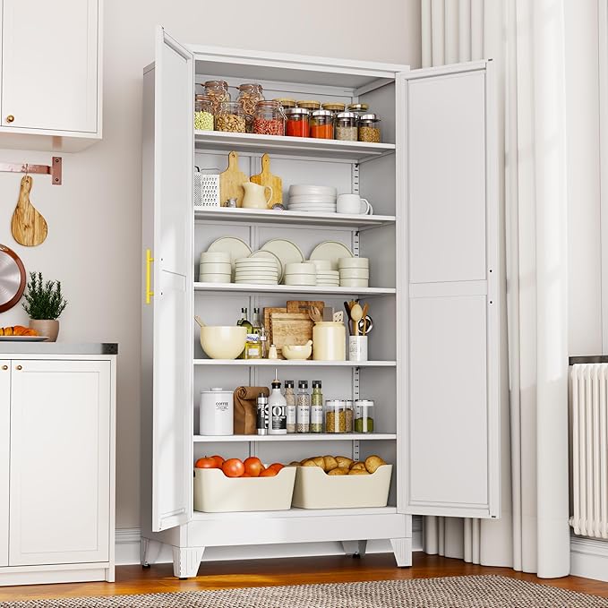 PAOFIN 75" Metal Kitchen Pantry Cabinet,White Storage Cabinet with Doors and 5 Adjustable Shelves, Cabinet with 2 Metal Handles,Tall Cabinet for Livingroom,Pantry, Bathroom,Kitchen