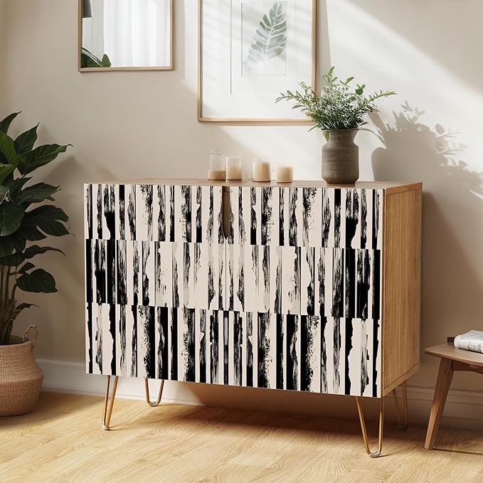 SIGNWIN Sideboard Buffet Cabinet, Kitchen Storage Cabinet with 2 Doors, Black & Gray Grunge Line Patterns, Cupboard Console Table for Dining Room - 35" L x 18" W x 29" H