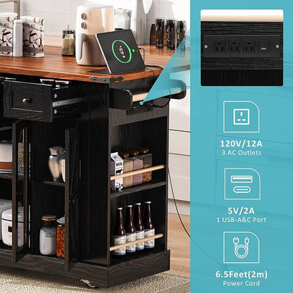 Merax 53'' Farmhouse Kitchen Island with 2 Tempered Glass Cabinet Doors, Power Outlet, Rolling Kitchen Storage Cart on Wheels with Drop Leaf, 5 Open Racks, 3 Drawers for Dining Room, Black