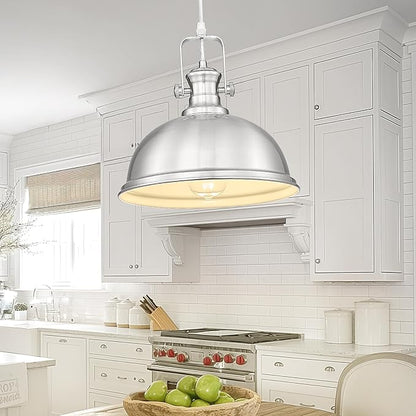 Pendant Lights Kitchen Island, Farmhouse Hanging Lights Fixtures with Metal Shade, Rustic Kitchen Pendant Lighting Over Island for Dining Room, Brushed Nickel, AD-2151-1PL-SN