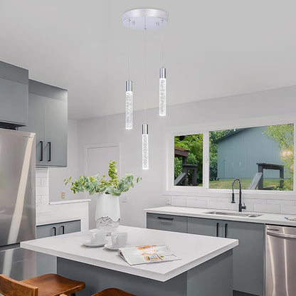 3 Light Pendant Lights Kitchen Island,Modern LED Bubble Crystal Pendants with Dimmable 3000K-6000K Ceiling Hanging Light Fixture for Dining Room Bedroom,Chrome Finish,Adjustable Height 59"