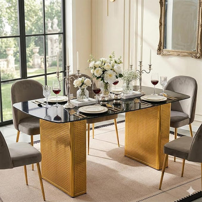 Modern Rectangular Dining Table, Tempered Glass Marble-Top with Gold Dual Pedestal Base, 6-8 Seater, Perforated Metal Frame for Stability, Stylish Kitchen Table for Dining Room and Home Office Use