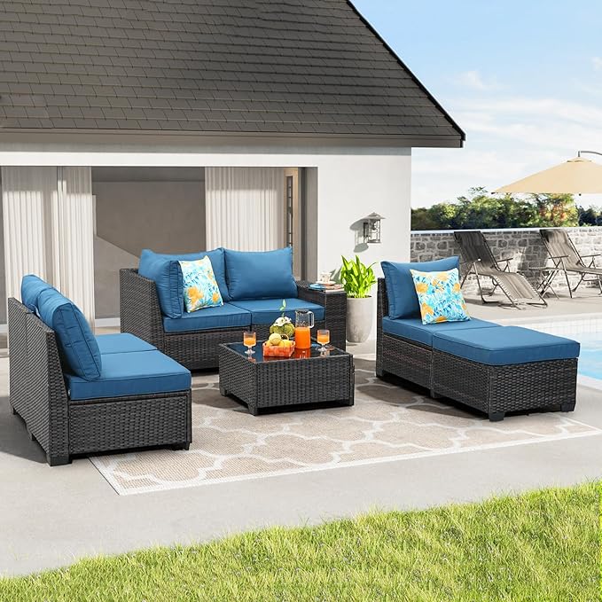 JOYURE 7 Pieces Patio Furniture Set All-Weather Outdoor Wicker Sectional Conversation Sofa Rattan Patio Seating Sofa with Cushion and Glass Table for Porch Poolside,Peacock Blue