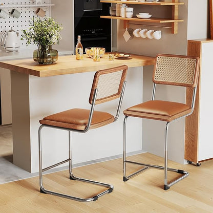 Alunaune 24inch Brown Rattan Barstools Set of 2, Upholstered Modern Counter Bar Height Stools with Metal Chrome Legs for Living Room