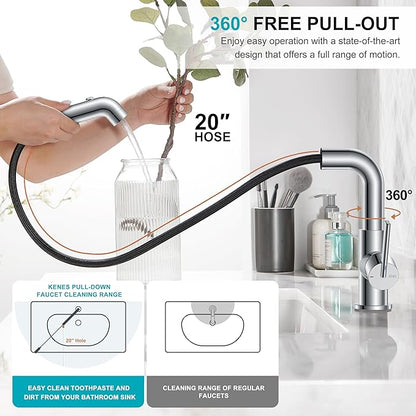 KENES Pull Out Bathroom Faucet with Sprayer, Polished Chrome Single Handle Bathroom Sink Faucet with Pull Down Sprayer, Vanity Bar Faucet with Pop Up Drain & Deck Plate, LJ-9055A-5