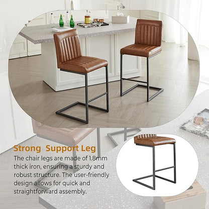 26" Counter Height Bar Stools Set of 2, Modern Upholstered Chairs with Vertical Tufted Backrest & Footrest, Metal Frame for Kitchen Island, Home Bar (Cognac PU Leather)
