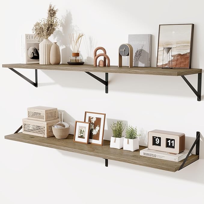 Acovy 48inch Floating Shelves for Wall,10" Deep Floating Shelves with Metal Brackets,Wall Mounted Hanging Floating Shelf,Wide Display Shelves for Living Room,Bedroom,Office,Kitchen,Grey