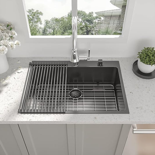 30 Inch Drop-in Sink - Beslend 30”x22”x10” Stainless Steel Gunmetal Black Topmount Kitchen Sink 16 Gauge 10 Inch Deep Single Bowl Kitchen Sink Basin