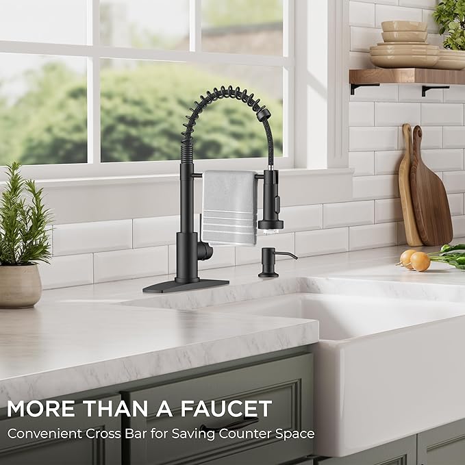 FORIOUS Black LED Kitchen Sink Faucet, Stainless Steel Kitchen Faucet with LED Light Sprayer, Commercial Transitional Single Handle Spring Faucet for Kitchen Sink, Bar & Prep Sinks, RV Camper