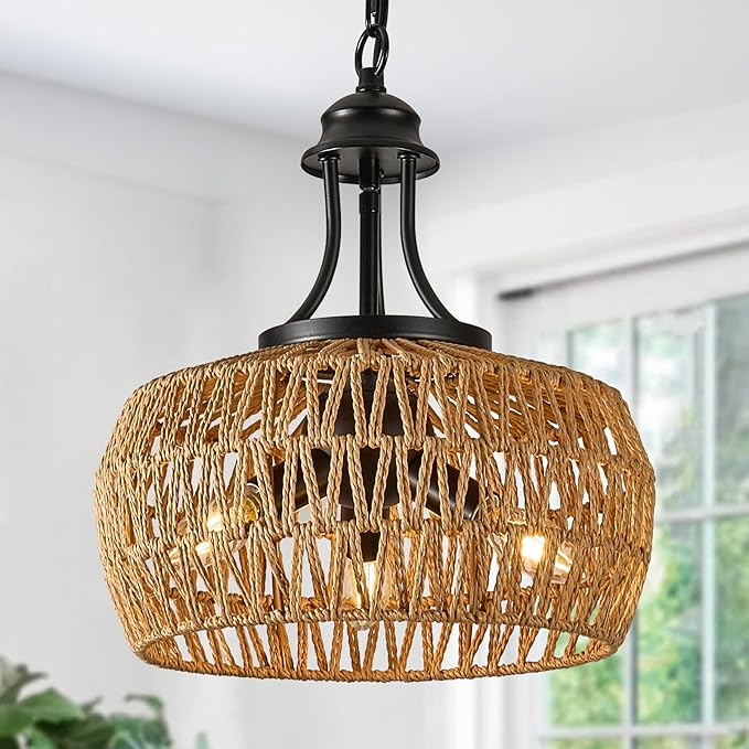 12.6" Chandeliers for Dining Room, 3-Light Rattan Chandelier with Rattan Lampshade, Adjustable Height Coastal Chandeliers, Vintage Pendant Lighting for Kitchen, Bedroom