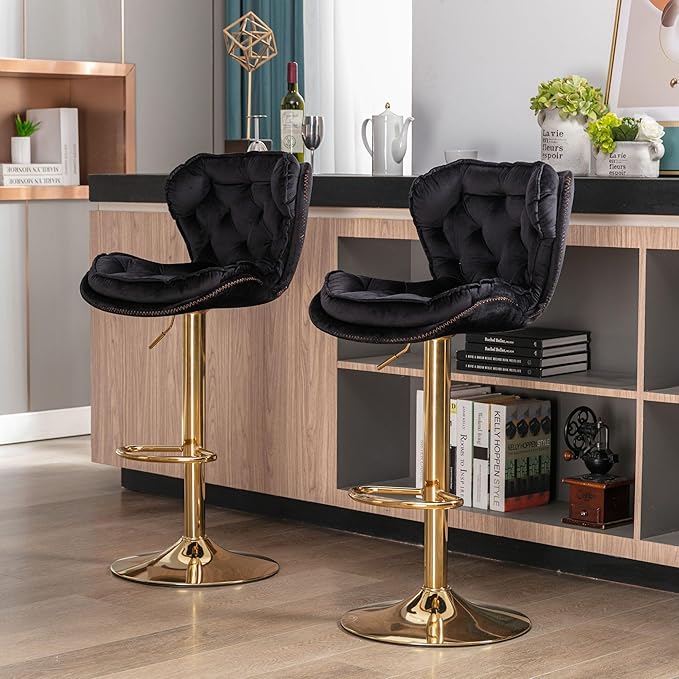 Rhomtree 24-33 Inch Swivel Bar Stools, Adjustable Counter Height Barstools, Velvet Back and Golden Footrest, Bar Chairs for Kitchen Island, Cafe, Bar, Bar Counter, Dining Room, Coffee(Black Set of 2)