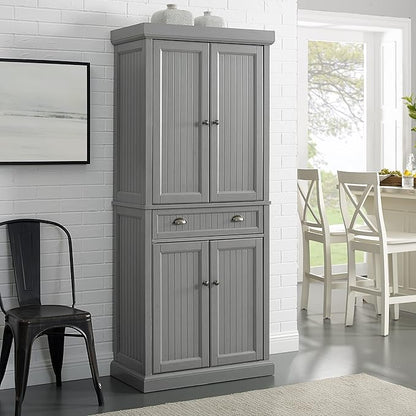 Crosley Furniture Seaside Coastal Pantry Storage Cabinet with Shelves, Kitchen, Dining, or Laundry Room, Distressed Gray
