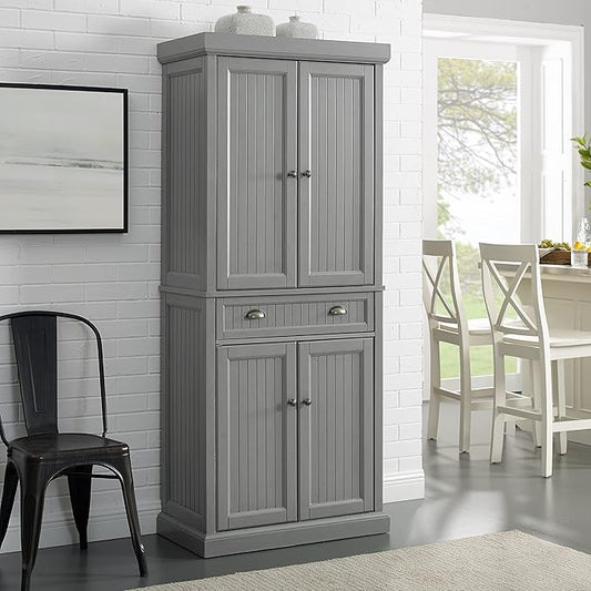 Crosley Furniture Seaside Coastal Pantry Storage Cabinet with Shelves, Kitchen, Dining, or Laundry Room, Distressed Gray