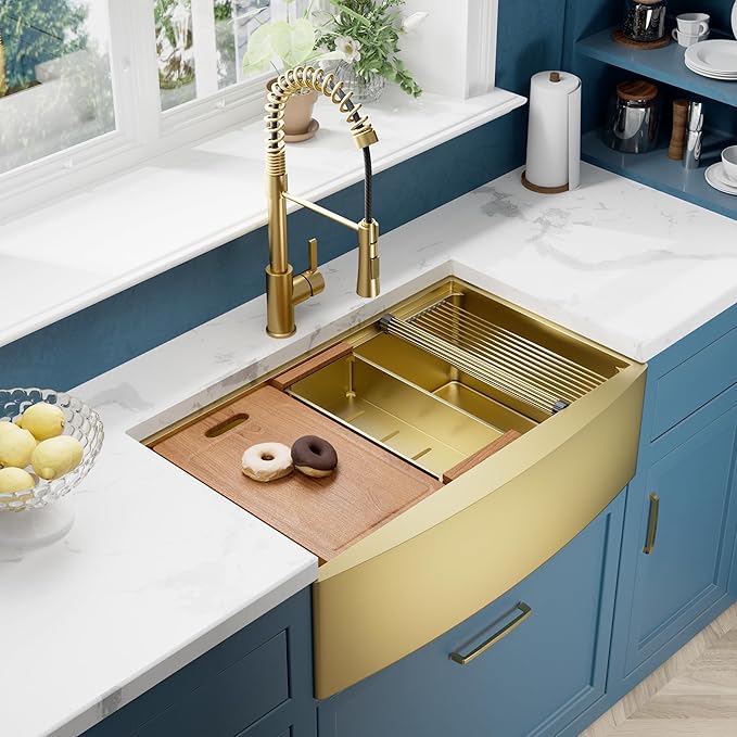 33" Luxury Gold Farmhouse Sink – ALWEN 16 Gauge Workstation Apron Front Sink, 10" Depth Single Bowl with R10 Radius & Accessories
