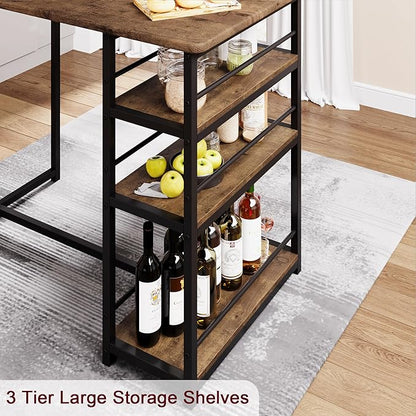 TrailBlaze Space-Saving 3-Piece Dining Table Set for 2 with 3 Storage Shelves, Upholstered Chairs - Ideal for Small Apartments, Breakfast Nook - Rustic Brown - Classic Color - 1+2 Set