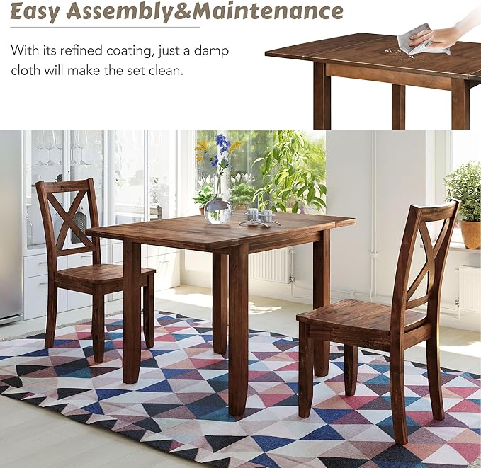 Wood Dining Table Set with 2 X-Back Chairs,3-Piece Drop Leaf Breakfast Nook Table with Chairs for Kitchen Room (Brown)