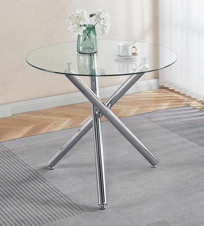 SSLine 35.4" Round Glass Dining Table for 2-4 Modern Circle Glass Tabletop Kitchen Table for 4 Luxury Dinner Tables with Silver Metal Legs for Home Kitchen Dining Room(Table Only)