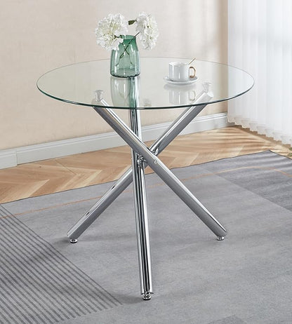 SSLine 35.4" Round Glass Dining Table for 2-4 Modern Circle Glass Tabletop Kitchen Table for 4 Luxury Dinner Tables with Silver Metal Legs for Home Kitchen Dining Room(Table Only)