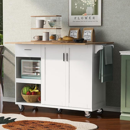 RUNNA Kitchen Island with Foldable Counter Top,Kitchen Storage Cart with Slide-Out Shelf,Towel Rack and Drawer, Rolling Cart on Wheels,Living Room,Dining Room (White@036)