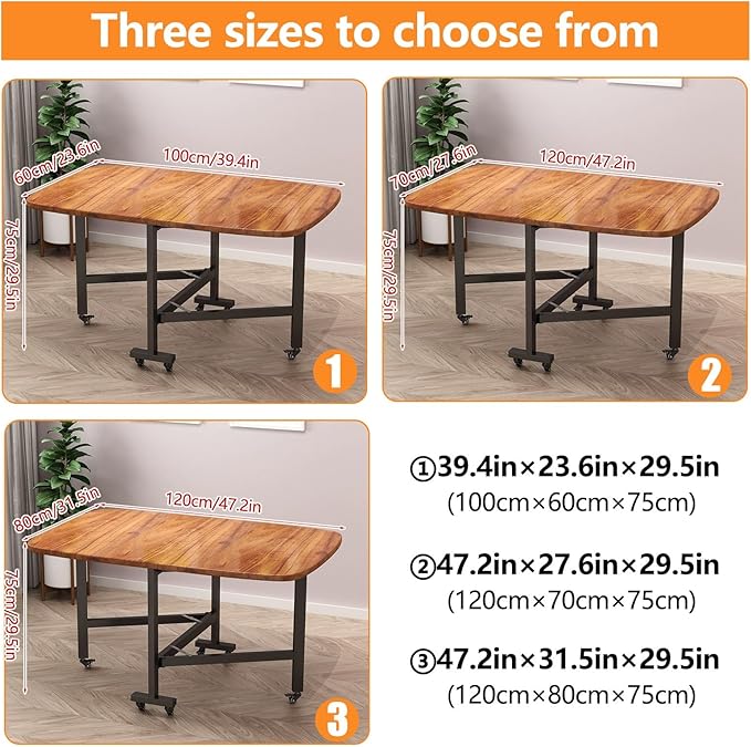 Folding Dining Table, Solid Wooden Foldable Kitchen Table with 6 Wheels, Living Room, Brown Drop Leaf Dining Table for 4-8, Multifunction Expandable Folding Table for Small Spaces Kitchen, Bedroom