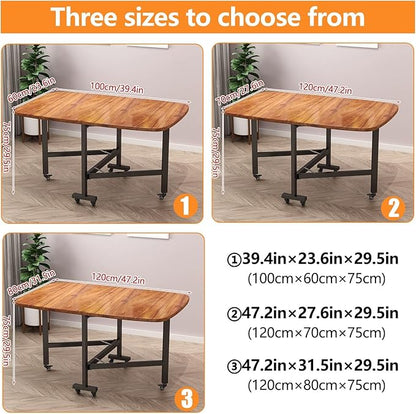 Folding Dining Table, Solid Wooden Foldable Kitchen Table with 6 Wheels, Living Room, Brown Drop Leaf Dining Table for 4-8, Multifunction Expandable Folding Table for Small Spaces Kitchen, Bedroom