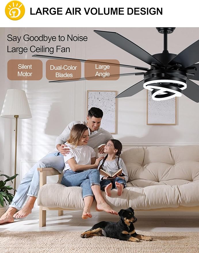 Black 72 Inch Ceiling Fans with Lights and Remote Reversible Quiet DC Motor 6 Speed LED Big Large Modern Chandelier Ceiling Fans for Living Room Bedroom