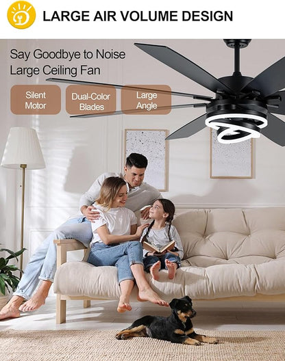 Black 72 Inch Ceiling Fans with Lights and Remote Reversible Quiet DC Motor 6 Speed LED Big Large Modern Chandelier Ceiling Fans for Living Room Bedroom