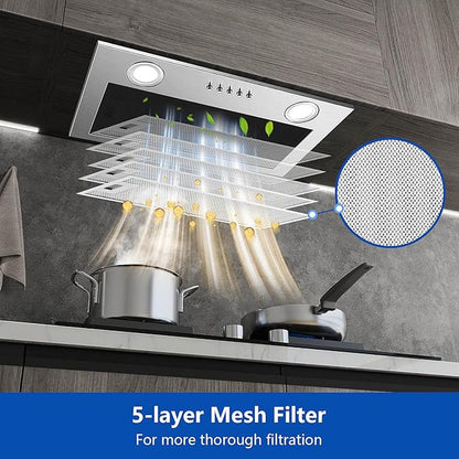 JOEAONZ Range Hood Insert 20 Inch Stainless Steel with 5-layer Mesh Filter, Hood Vent for Kitchen Built-in Mount Dual LED, Ducted/Ductless Convertible Kitchen Exhaust Fan, Push Button Control
