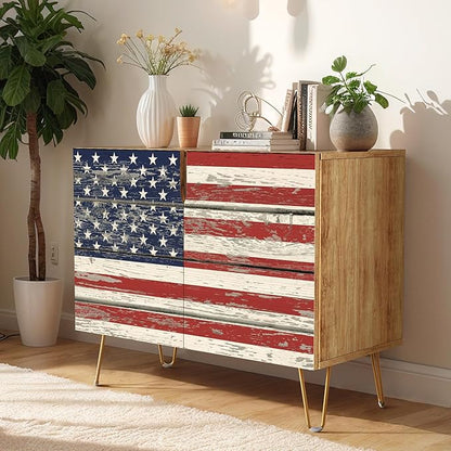 SIGNWIN Sideboard Buffet Cabinet, Kitchen Storage Cabinet with 2 Doors, Vintage Classic American Flag, Cupboard Console Table for Dining Room - 35" L x 18" W x 29" H