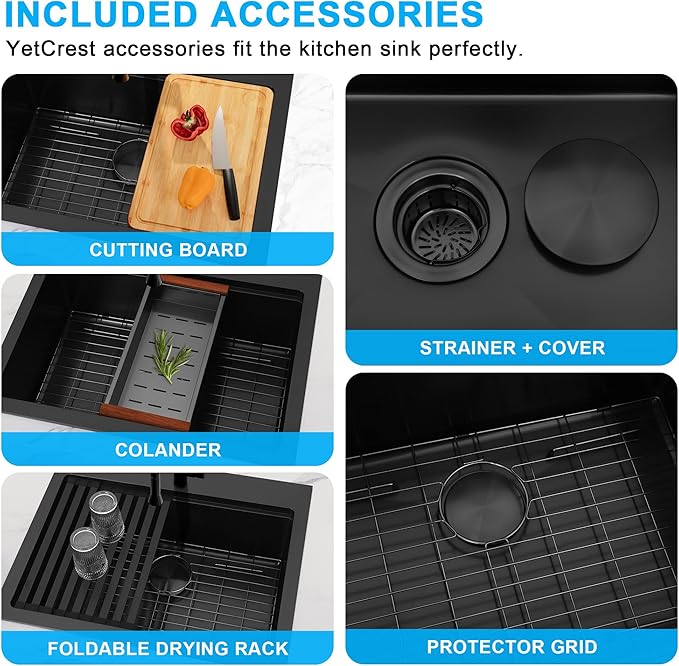 28 Inch Black Drop In Kitchen Sink, 16 Gauge Stainless Steel Single Bowl Topmount Kitchen Sink With All Accessories, 28"x22"x9" Workstation Sink