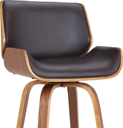 Armen Living Tyler 26" Counter Height Swivel Brown Faux Leather and Walnut Wood Bar Stool - Set of 4