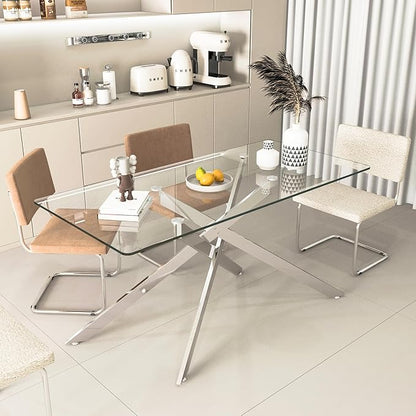 SSLine 60.6" Rectangle Glass Dining Table for 6 Modern Glass Tabletop Kitchen Table for 6 Luxury Dining Room Tables with Silver Nest-Shape Metal Base for Home Kitchen Dining Room