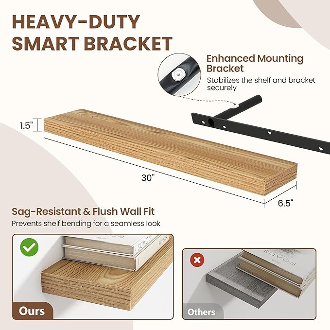 Acovy 30 Inch Floating Shelves for Wall 2 Pack, 30" Wall Shelves for Books, Storage, Decor, Wall Mounted Floating Shelf with Invisible Brackets for Kitchen, Living Room, Light Brown