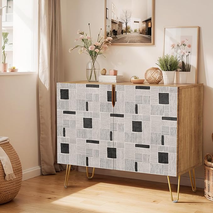 SIGNWIN Sideboard Buffet Cabinet, Kitchen Storage Cabinet with 2 Doors, Duotone Gray & Black Polygon Pattern, Cupboard Console Table for Dining Room - 35" L x 18" W x 29" H