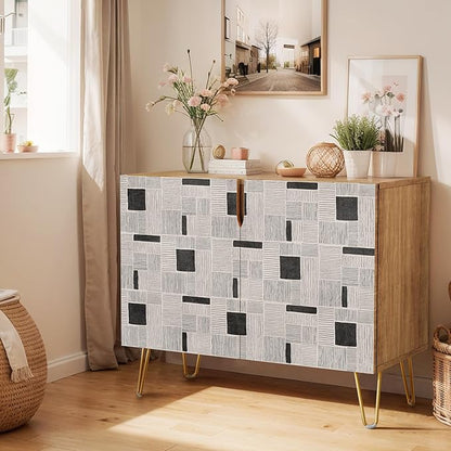 SIGNWIN Sideboard Buffet Cabinet, Kitchen Storage Cabinet with 2 Doors, Duotone Gray & Black Polygon Pattern, Cupboard Console Table for Dining Room - 35" L x 18" W x 29" H