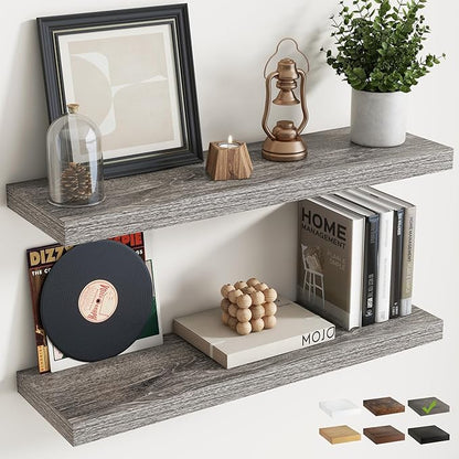 32 Inch Floating Shelves for Wall Set of 2, 8"D Wood Grain Bathroom Shelves with Invisible Brackets, Easy Install Engineered Wood Storage Shelves for Kitchen, Living Room, Bedroom, Grey Oak Finish
