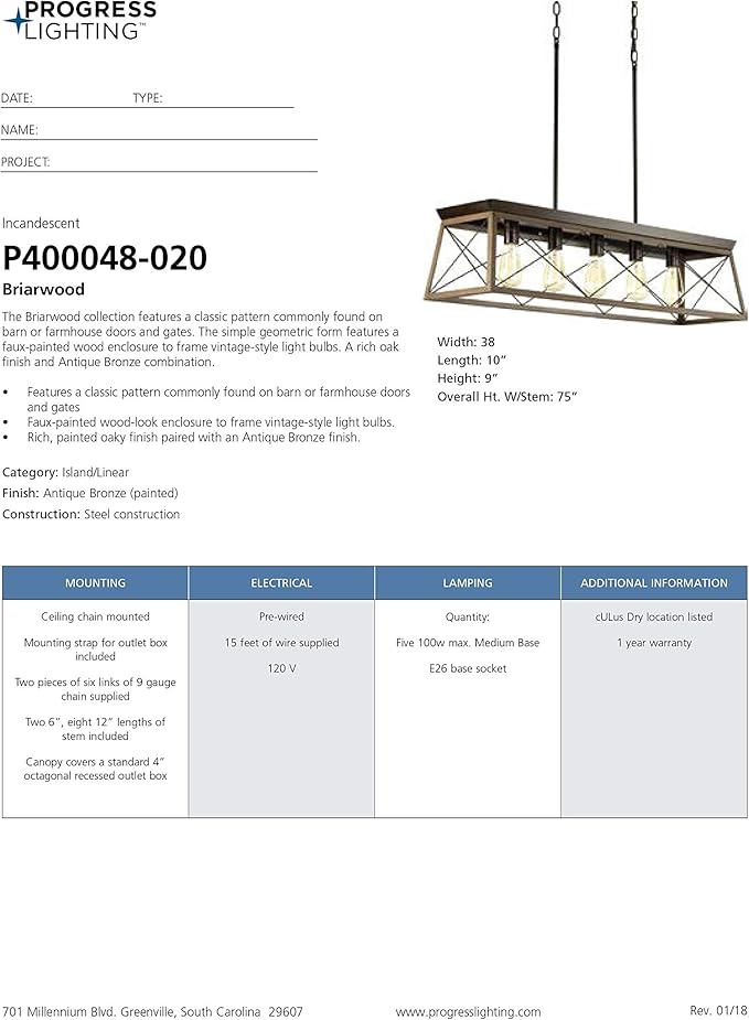 Progress Lighting Briarwood Collection 5-Light Dining Room Light Fixture, Farmhouse Style Modern Chandelier for Kitchen and Dining Room, 38" by 9", Antique Bronze