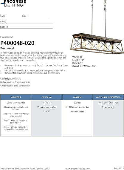 Progress Lighting Briarwood Collection 5-Light Dining Room Light Fixture, Farmhouse Style Modern Chandelier for Kitchen and Dining Room, 38" by 9", Antique Bronze