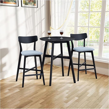 Bar Chairs Set of 2, Counter Height Stools - Modern Upholstered Kitchen Island Chairs with Backrest & Footrest - Black Wood Frame