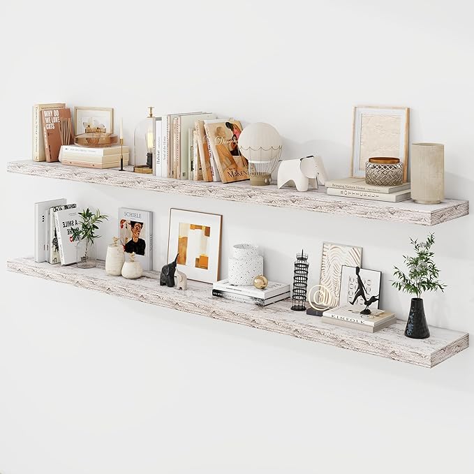 Acovy 72 Inch Floating Shelves, 9.3" Deep Floating Shelf Wall Mounted, 72" Wall Shelves, Rustic Deep Bookshelf, Large Display Shelves & Storage Shelves for Bedroom, Living Room, Rustic, Set of 2