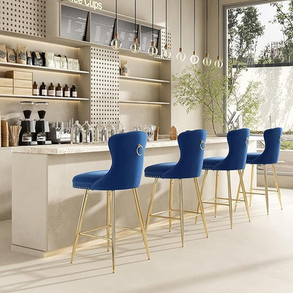 Bar Stools Set of 2, Velvet Counter Height Bar Stools with Metal Legs, Button Tufted and Nailheads Trim, Wing Back Bar Chairs for Kitchen Island Dining Room Pub, Blue