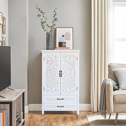 KEIKI 48'' French Country Sideboard Cabinet with Storage,Carved Doors & 2 Drawer,3 Compartments,Vintage Farmhouse Pantry Credenza for Kitchen,Living Room,Dining Room,Entryway,White