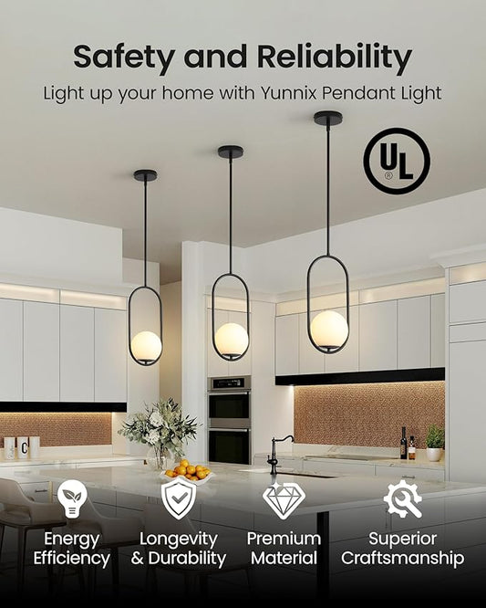 Yunnix Pendant Lights Kitchen Island, Pendant Light Fixtures, 2 Pack Modern Black Globe Glass Pendant Lighting, Mid Century Chandelier One Light for Bathroom Bedroom Dining Room