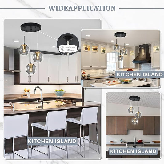 KoKo&Yukina Gold 3-Light Globe Pendant Light Modern Globe Chandelier Light Fixture Hanging Lights Adjustable with Grey Glass Pendant Lights Kitchen Island